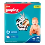 Fralda Looping Baby Looney Tunes Tamanho M Pacote Hiper com 66 Unidades Descartáveis
