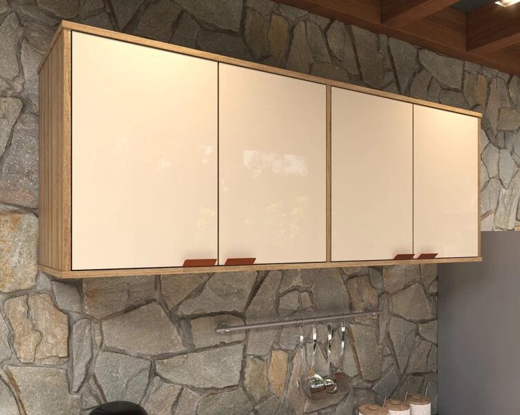 Armário Suspenso Aéreo Para Cozinha 4 Portas Off White – Design Nórdico Funcional, Compacto E Moderno, Estilo Industrial Com Amplo Espaço Interno – Modelo Capuleto