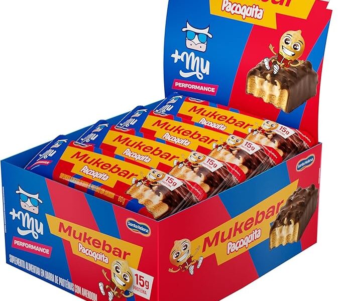 Barra de Proteína, Mais Mu, Mukebar, Sabor Paçoquita, 15g de Proteína, Zero Açúcar – Display 12 Unidades