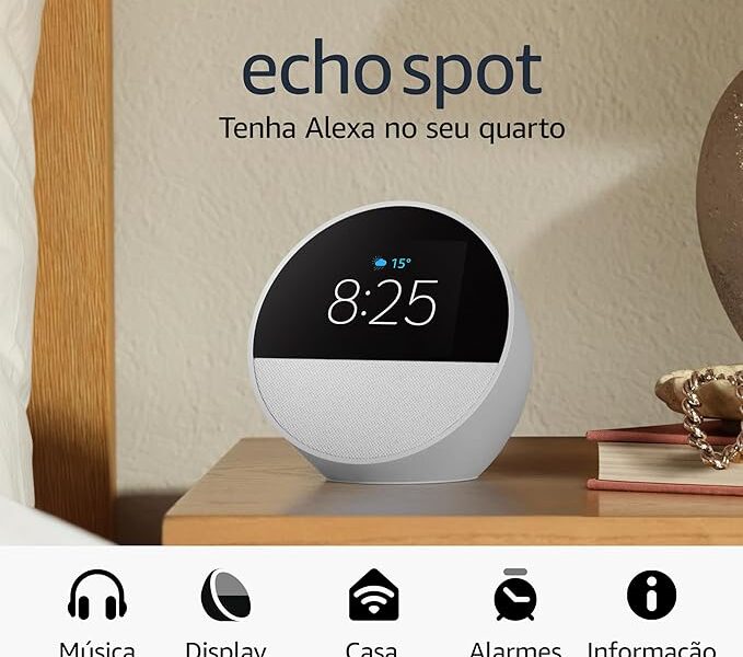 Echo Spot com Alexa (Geração mais recente) | Despertador inteligente com som vibrante | Cor Branca