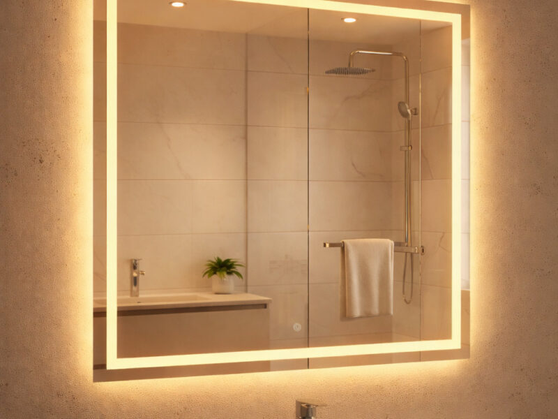 Espelho com Touch Quadrado 40×40 Jateado Fino LED 3 Cores Touch Banheiro Lavabo Quarto Luxo