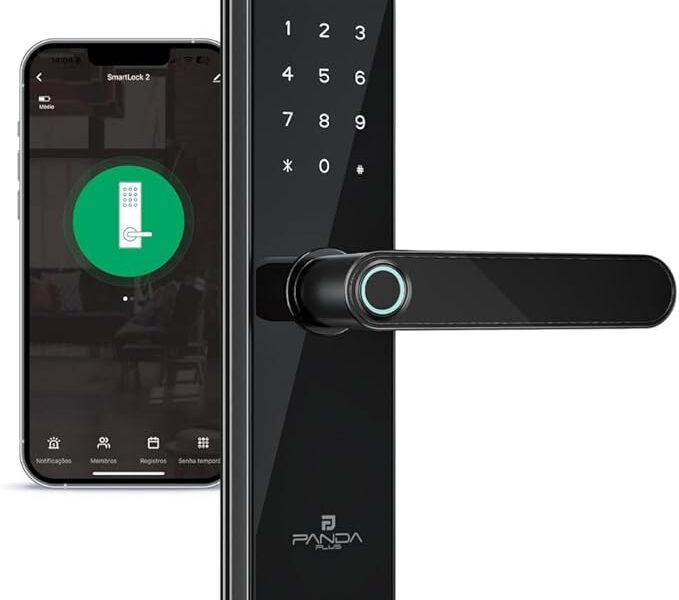 Fechadura Digital Biométrica Wifi Inteligente AMG-F01 Alumínio Preto Mortise 50×50 Teclado Touch Senha Cartão Tag Biometria App Tuya PandaPlus Alexa Google Assistente Residencial Comercial
