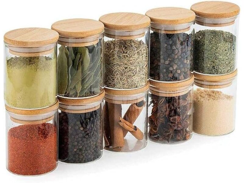 Kit 10 Potes Porta Mantimentos De Vidro Tampa De Bambu 200ML