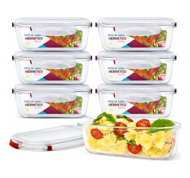 Kit 6 Potes 640ml Vidro Hermético 4 Travas Marmita Refratari
