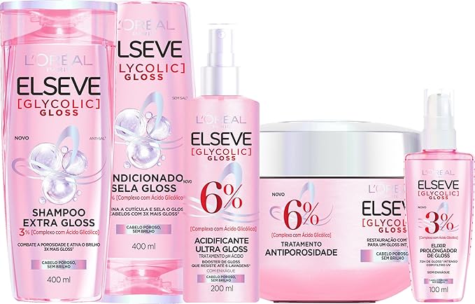 Kit Tratamento Capilar L’Oréal Paris Elseve Glycolic Gloss, Combate Porosidade, 5 Produtos para Brilho e Alinhamento