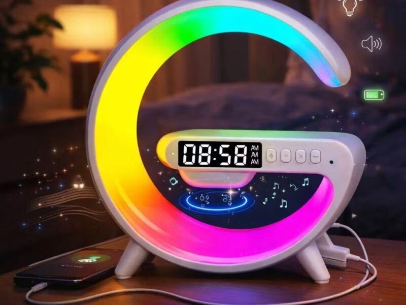 Luminária Despertador Com Luz Led Bluetooth Caixa Som Relógio Digital Carregamento Indução Abajur