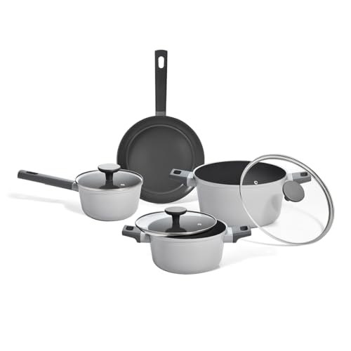 Oikos – Jogo com 4 Panelas Antiaderentes de Revestimento Cerâmico para Fogão por Indução, a Gás, Elétrico e Vitrocerâmico Cor Cinza Mou Trufa