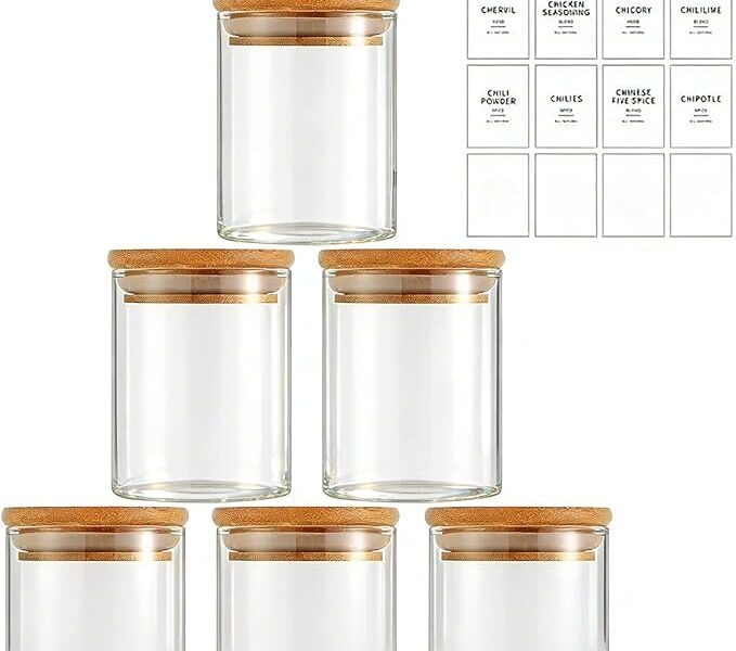 Potes Herméticos de Vidro com Tampa de Bambu – Kit 6 Unidades 200ml para Temperos, Grãos, Café e Organização de Cozinha
