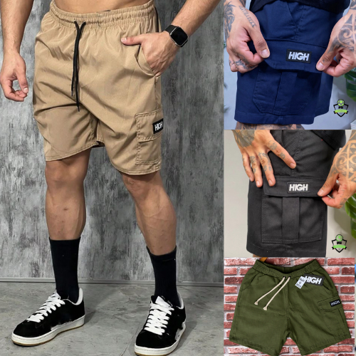 Short Masculino Cargo Brim Sarja Grosso Bolso Lateral Bordado No Bolso Moda Verão Modelo StreetWear