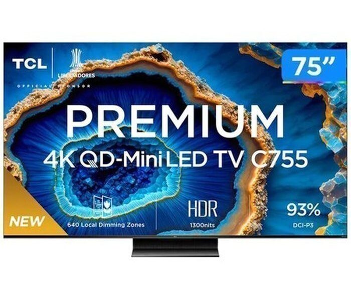 Smart TV TCL 75 Polegadas QLED Mini LED 4K C755 WiFi Bluetooth Google TV 144Hz VRR HDR10+ 75C755