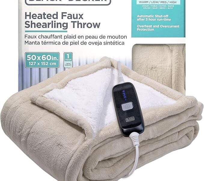 BLACK+DECKER Manta de lã sintética aquecida elétrica, 127 x 152 cm com 4 configurações de calor e desligamento automático de 3 horas, sobreaquecimento e sobrecorrente desligamento automático, creme