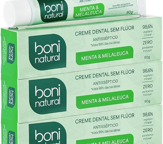 BONI NATURAL – Creme Dental com óleos naturais de Menta e Melaleuca Vegano e Natural, Sem Flúor, Sem Triclosan, 90g, 3 unidades Leve Mais Pague Menos