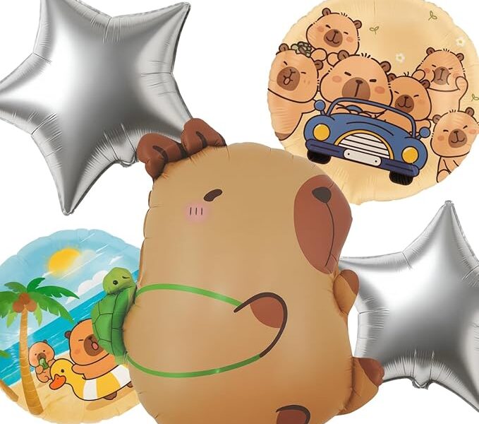 Balão Metalizado Capivara Cartelado – Foil Decorativo 1 Unidade por Cartela – Diversos Modelos (KIT 5 PEÇAS CAPIVARA COM MOCHILA)