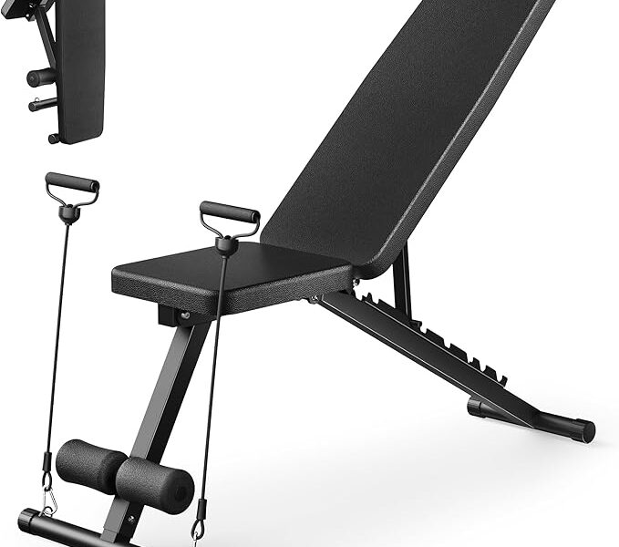Banco de peso ajustável para academia em casa, banco de treino dobrável para exercícios de halteres fitness de corpo inteiro, banco plano de declínio inclinado de 272 kg com faixas de resistência para