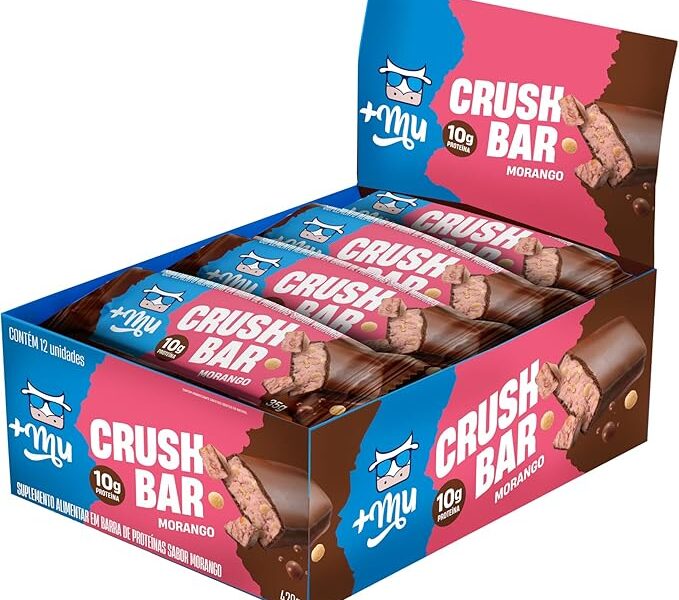 Barra de Proteína, Mais Mu, Crushbar 2.0, Sabor Morango, 10g de Proteína, Zero Açúcar – Display 12 Unidades