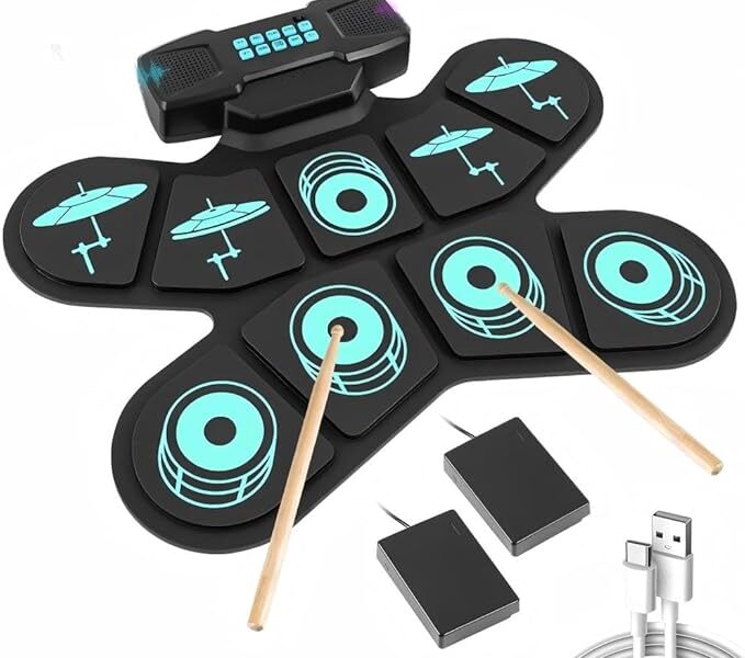 Bateria Eletrônica Portátil com 9 Pads e Pedal, Conjunto de Bateria Elétrica, Kit de Bateria Eletrônica Portátil, Almofada de Prática de 9 Tambores