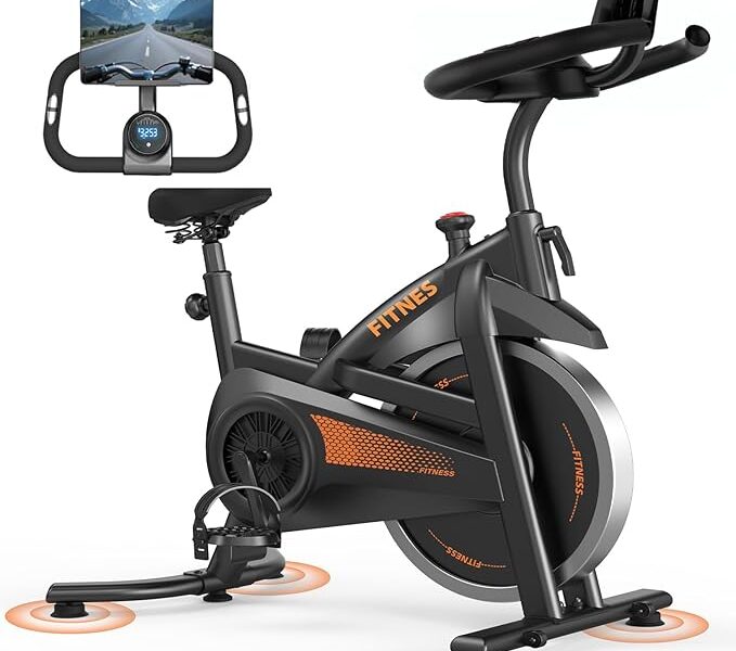 Bicicleta Ergométrica – Bicicleta de Exercício Estacionária com Monitor LCD & Suporte para Tablet, Bike Spinning Silenciosa para Treino em Casa, Assento e Guidão Ajustáveis, Suporta até 150kg