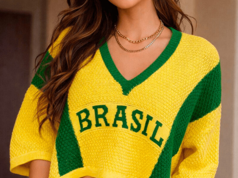 Blusa Feminina Cropped Manga 3 Quartos Brasil Copa Elegante Casual Tricot Básico