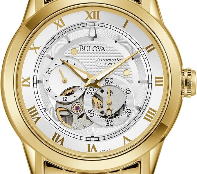 Bulova Relógio masculino clássico Sutton automático com 4 ponteiros, submostrador 24 horas, abertura aberta, corda automática, fundo de caixa de exposição, cristal mineral curvado duplo, ponteiros