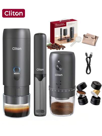 CLITON Conjunto de Café Portátil Premium 3 em 1: Máquina de Espresso Recarregável + Moedor de Café Elétrico + Espumador de Leite – Conjunto Completo para Camping e Viagens, Embalagem em Caixa de Presente Elegante, Adequado para Férias, Cozinha e Amantes de Café