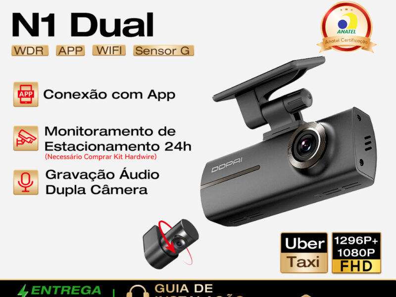 Câmera Veicular DDPAI N1 Dual 1296P+1080P Uber WiFi App Supercapacitor Visão Noturna Gravação em Loops