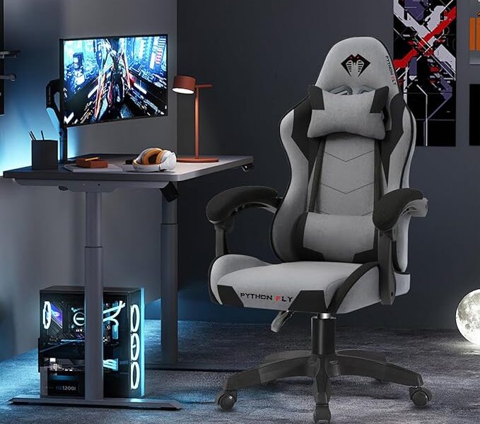 Cadeira Gamer Python Fly em tecido, respirável e ecológica, ângulo ajustável (Cinza Escuro)