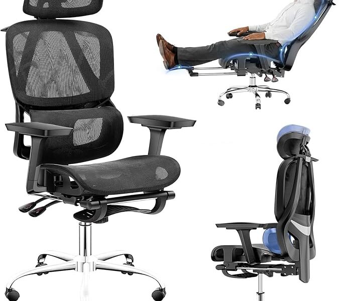 Cadeira de Escritório Ergonômica com Apoio para os Pés, Encosto Reclinável 145°, Apoios de Braço 3D Ajustáveis, Apoio de Cabeça e Lombar Ajustáveis, Mesh Transpirável, Cadeira para Home Office