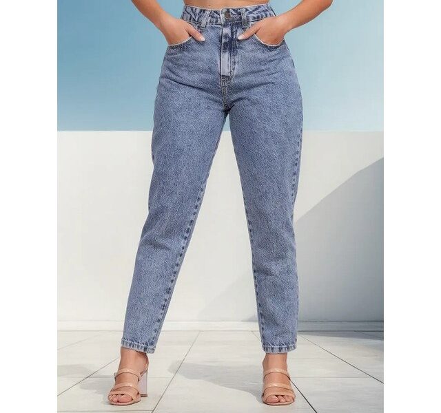 Calça Mom Jeans Feminina Cintura Alta Marmorizada