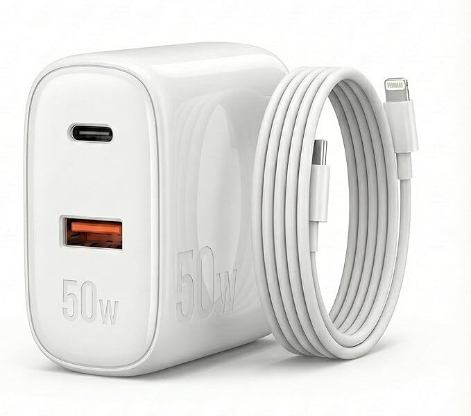Carregador 50W + Cabo Compatível i.Phone, i.Phone X Xr 8 11 12 13 14 Plus Pro Max i.Pad, Carregamento Ultra Rapido, Fonte USB-C, Carga Rápida, Produto Homologado Anatel
