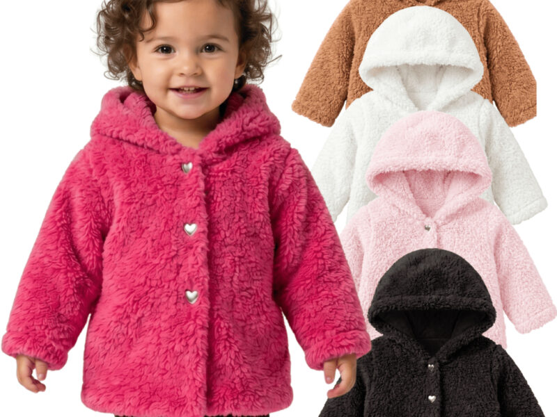 Casaco Bebê Infantil Feminino Teddy Peluciado com Capuz Botão Coração Quentinho Inverno Menina