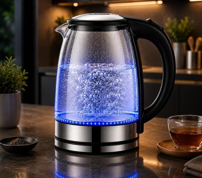 Chaleira Elétrica de Vidro 1,8L 220V com LED Azul – Aquecimento Rápido, Desligamento Automático e Base 360° | Ideal para Chá, Café e Água Quente (220V)