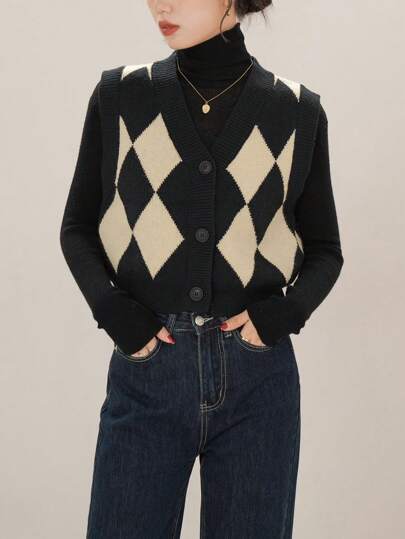 Colete de Tricô Argyle de Decote em V de Abotoamento Único Casual Feminino, Estilo Retrô para Primavera Preta de Outono