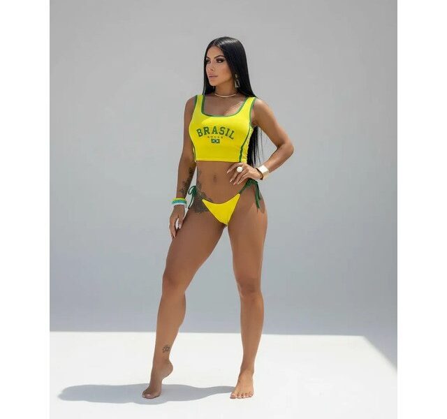 Conjunto 2 Peças Cropped Top + Biquini Torcida Brasil Copa