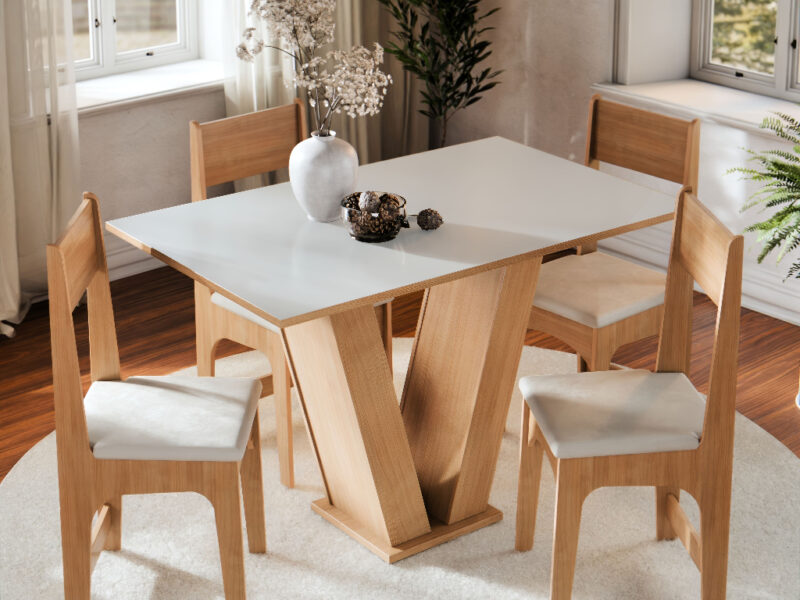 Conjunto Sala de Jantar 4 Lugares Cadeiras Estofadas Mesa Para Cozinha Vivi Tampo Semelhante Vidro