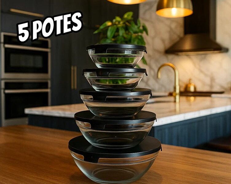 Conjunto de 5 Bowls de Vidro com Tampa Preta, Recipientes Herméticos para Alimentos, 140ml a 930ml, Transparente