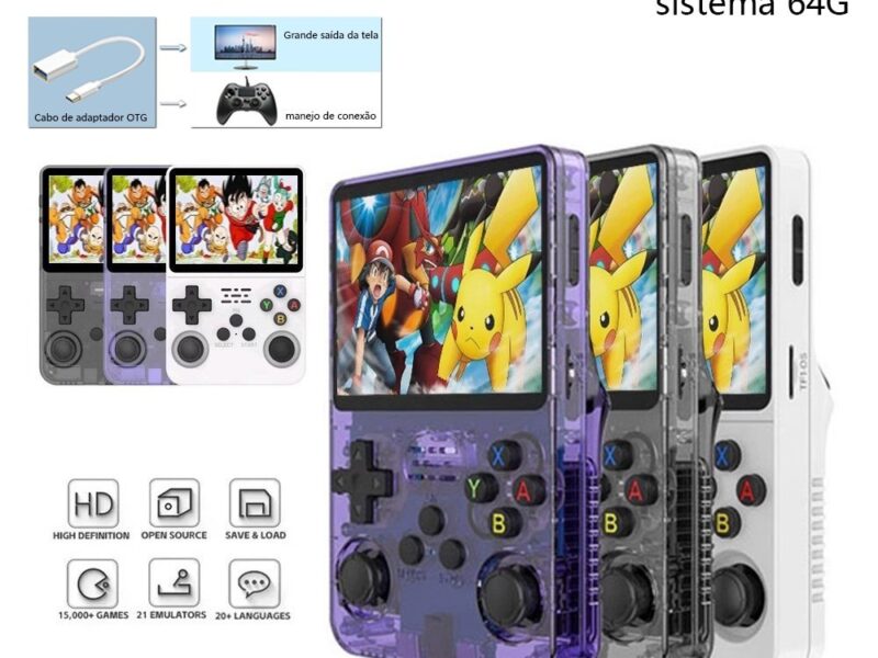 Console Portátil R36S + De 15.000 Jogos Vídeo Game 64g Linux Tela IPS 3.5 Polegadas
