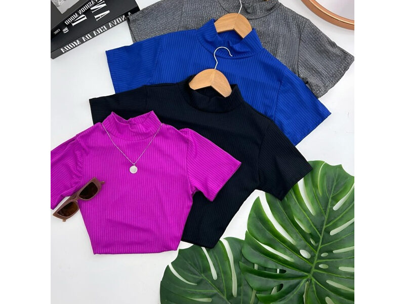 Cropped Manguinha gola alta Canelado Blusinha Casual Moda Blogueira