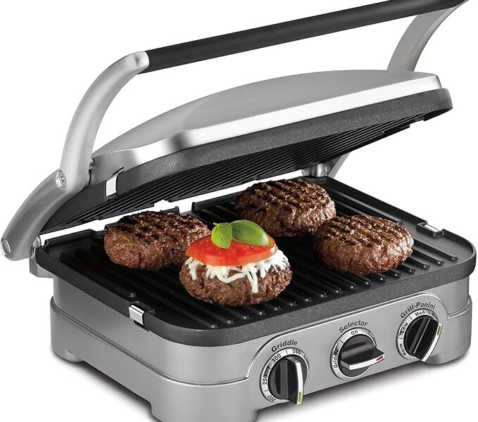 Cuisinart Panini Prensa, chapa de aço inoxidável, sanduicheira e muito mais, 5-IN-1, GR-4NNAS