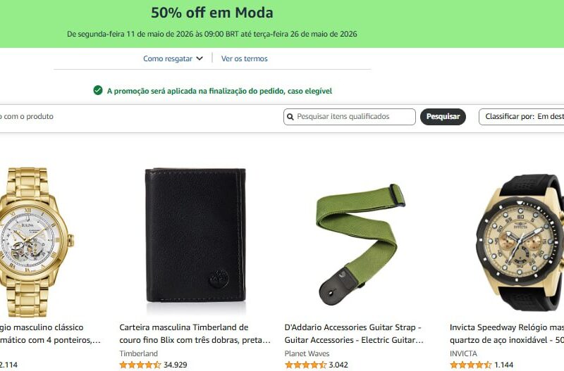 Cupom 50% off em Moda na Amazon
