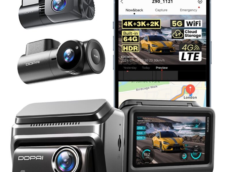 DDPAI Z90 3 Canais Câmera Veicular 4K + 3K + 2K Visão Noturna IR com 64GB eMMC 3″ Tela Suporte a Monitoramento Remoto