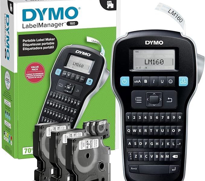 DYMO LabelManager 160 conjunto de etiquetas portátil, fácil de usar, teclas inteligentes de um toque, teclado QWERTY, tela grande, para organização de casa e escritório, inclui 3 cassetes de etiqueta