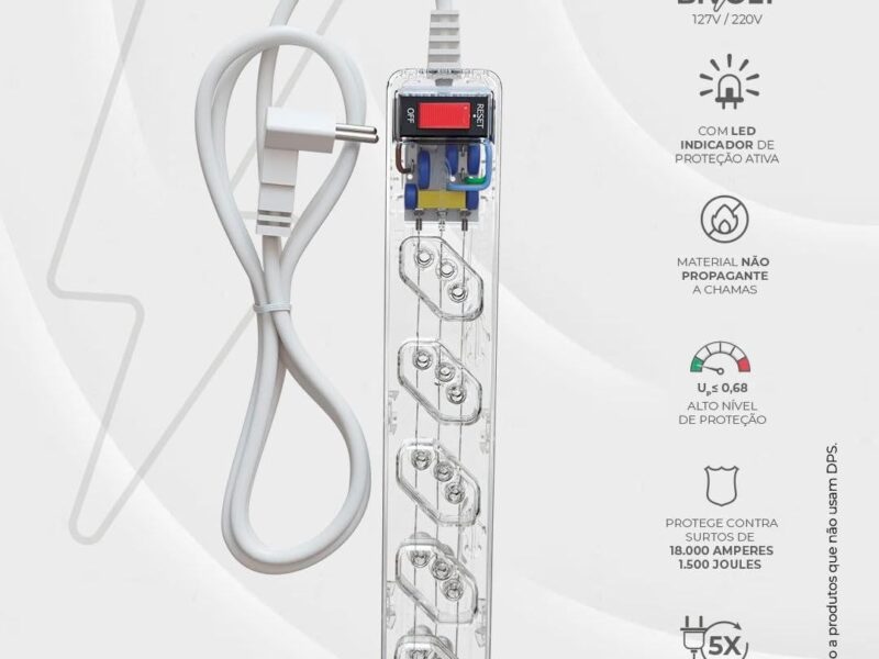 Filtro de Linha CLAMPER iCLAMPER Energia 5, 5 Tomadas, Proteção Contra Surtos Elétricos, 10A, Bivolt, Cabo 1m, Transparente