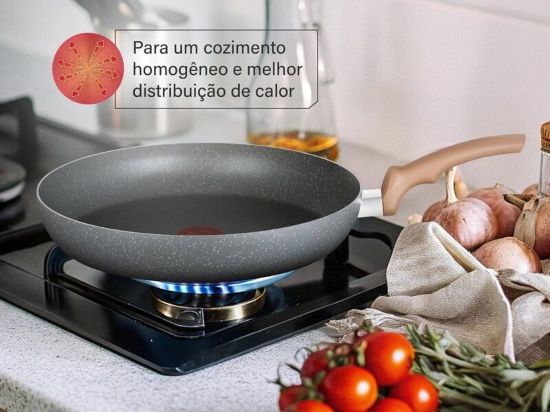 Frigideira Rochedo Natural Stone 30cm, Cinza com Efeito Pedra, Antiaderente Minerium, Alumínio de Alta Espessura 2mm, Thermo-Sinal e Cozimento Homogêneo