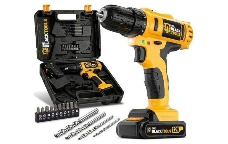Furadeira Parafusadeira Sem Fio A Bateria Tb-12e 12v 3/8 10mm Com Maleta E Acessórios The Black Tools