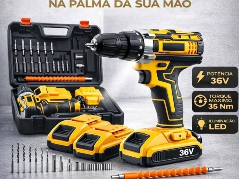 Furadeira e Parafusadeira de Impacto Sem Fio com LED 2 Baterias Recarregáveis Bi-volt e Acessórios Maleta Completa para Uso Profissional e Doméstico Linha Premium
