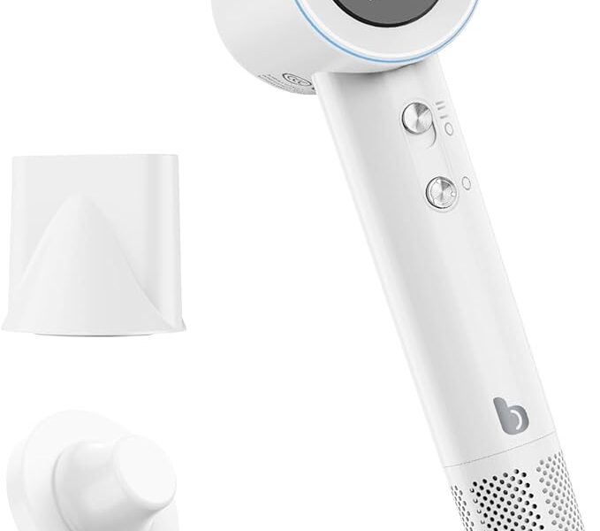 GOKOCO Secador De Cabelo Profissional 110v 127v, 120000 RPM High Speed Hair Dryer 1600W com Display Digital LED e Bocal de ar Magnético, Branco