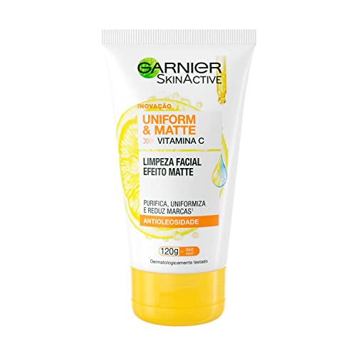 Garnier Uniform & Matte Sabonete Limpeza Facial Vitamina C Antioleosidade, Limpa Profundamente, Remove Oleosidade e Maquiagem, Efeito Matte, Reduz Marcas, 120g