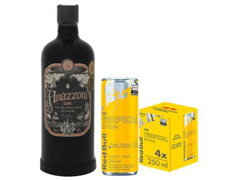 Gin Amázzoni Rio Negro 750m + Bebida Energética – Red Bull Frutas Tropicais 250ml 4 Unidades – Gin –