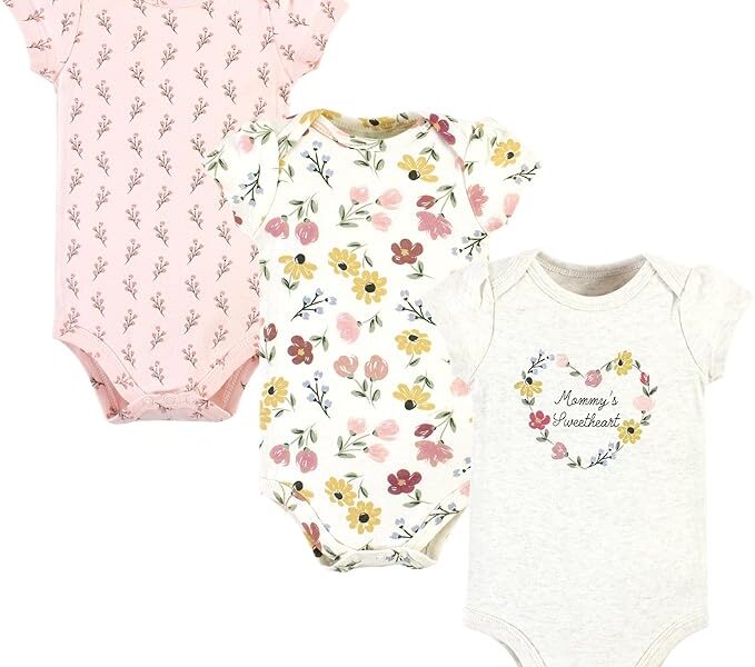 Hudson Baby Bodies de algodão para bebês, Pacote com 3 flores pintadas macias, Preemie