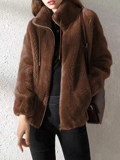 Jaqueta Reversível de Fleece com Zíper para Mulheres, Elegante para Outono/Inverno